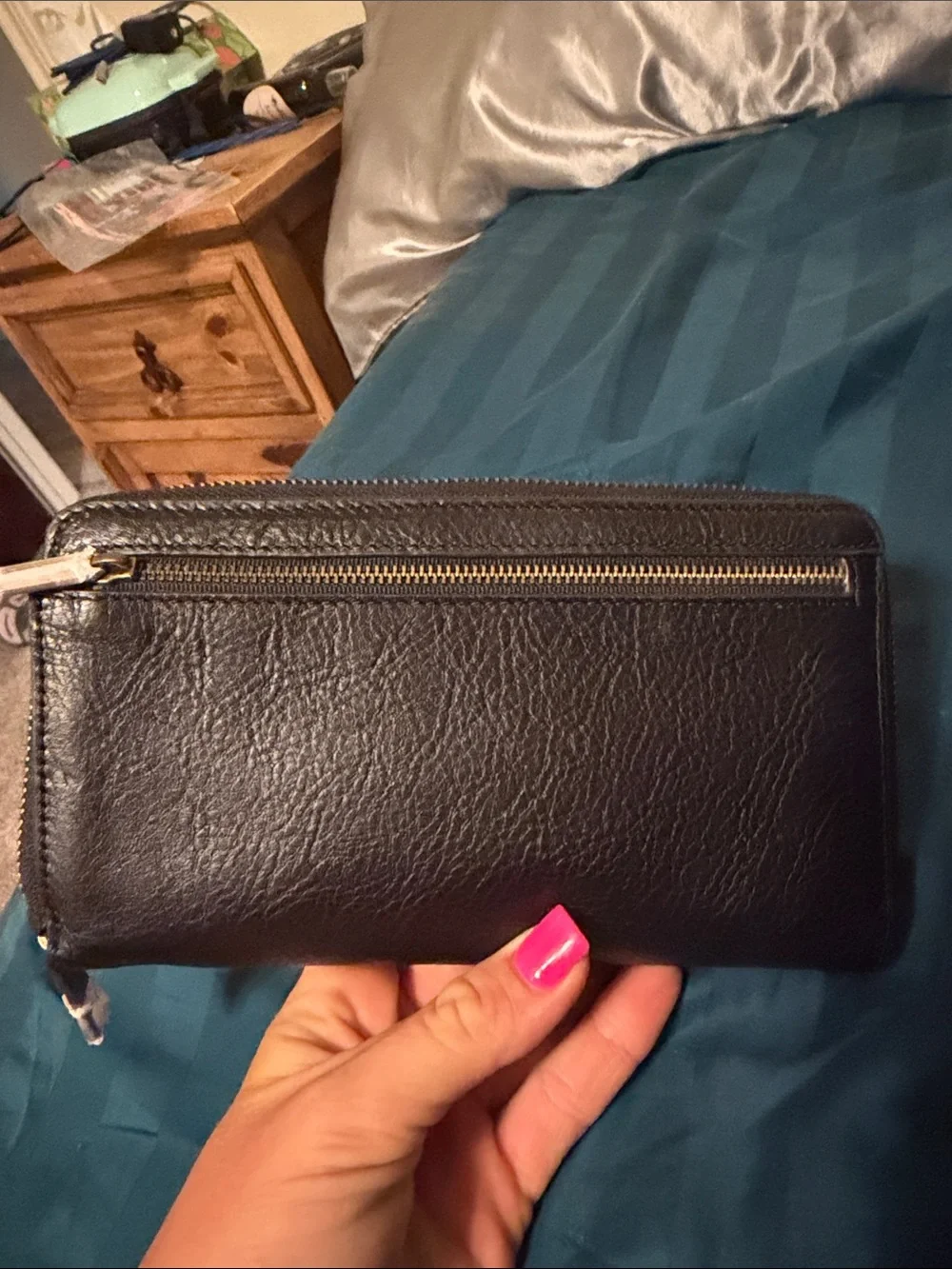 Fossil Black Leather Zip Wallet with Gold Accent Plate